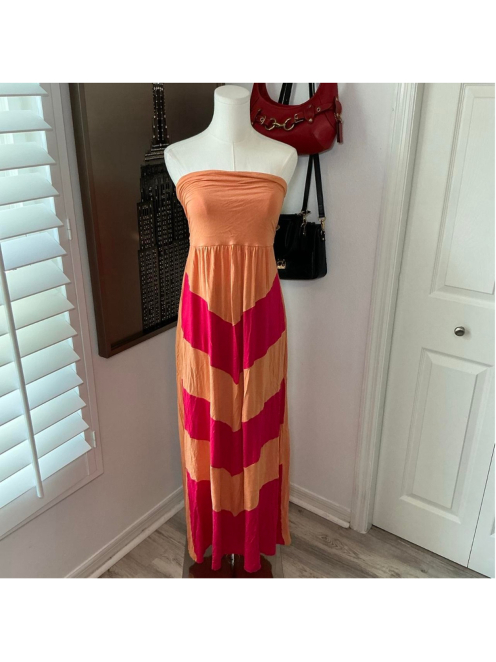 Design History Orange Pink Colorblock Strapless Maxi Dress Y2K